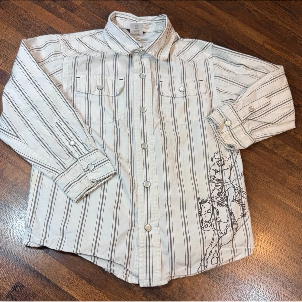 Boys cowboy western striped button shirt w/ pearl snap buttons. Size 3-4T rodeo